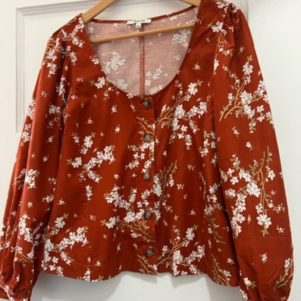 Madewell Corduroy Rust/Floral crop shirt size with long sleeves. Size L